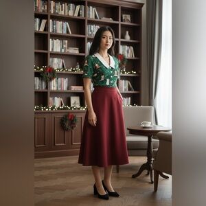 Collectif Felines Feeling Festive Button-Up Blouse, Green, 6 US/10 UK, NWT